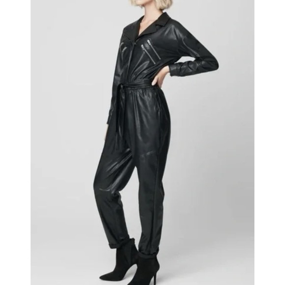 New Blank NYC Jumpsuit Womens Large Black Vegan Leather Moto Flight Suit NO BELT - Picture 2 of 13